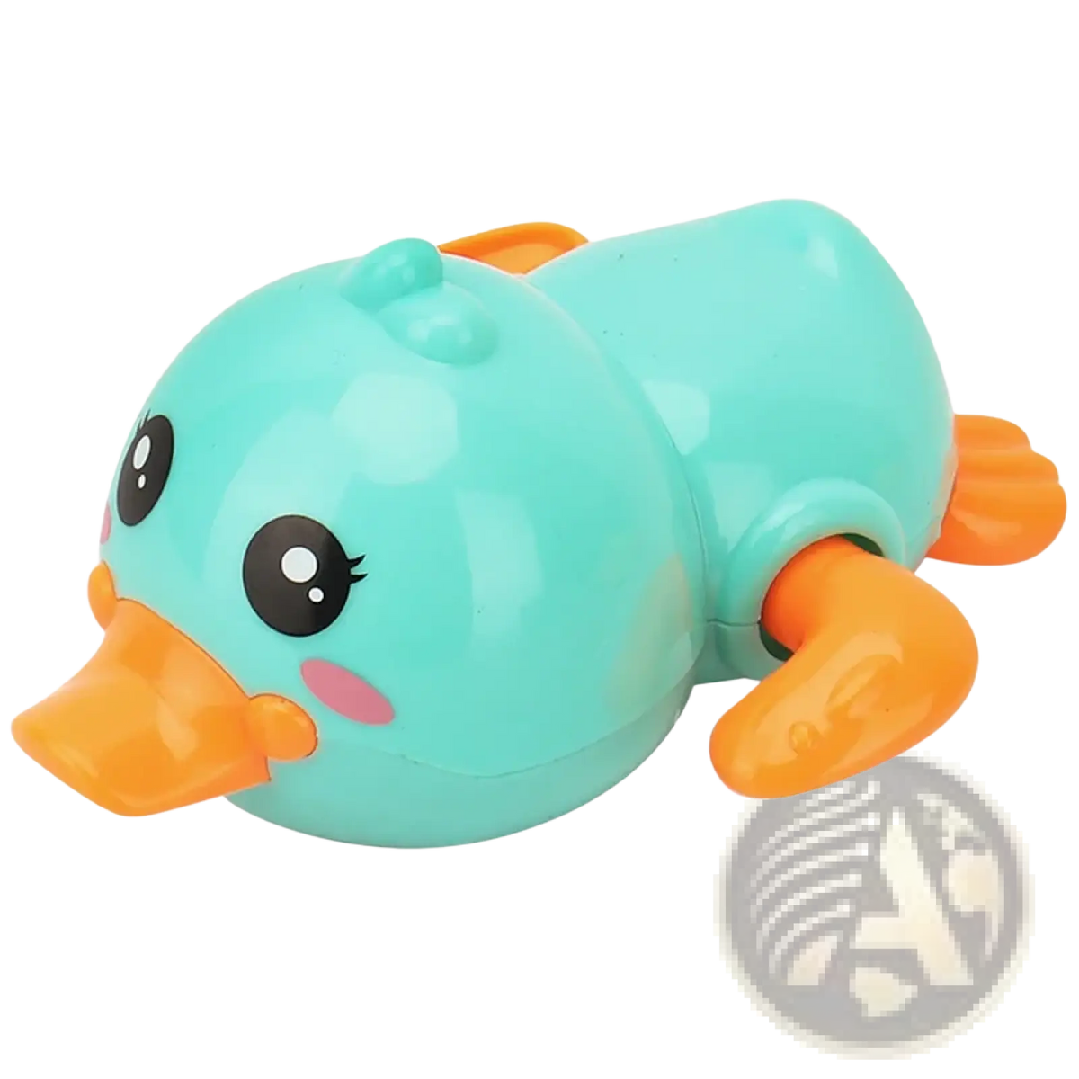 Clockwork duck bath toy for toddlers made of turquoise plastic with orange beak and feet for water play