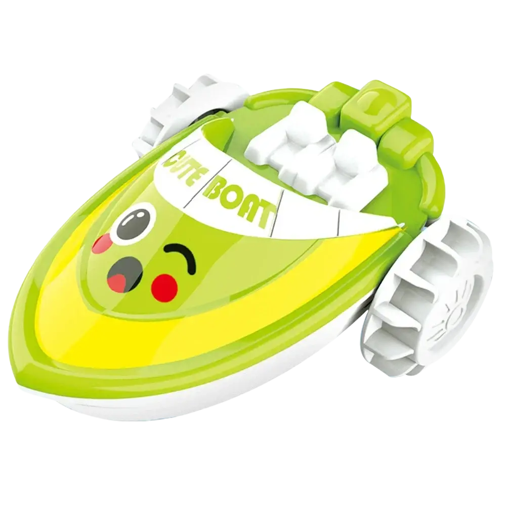 Clockwork duck bright green and yellow plastic toy boat with white wheels and cute cartoon face for toddlers bath play