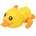 Clockwork duck bath toy for toddlers made of bright yellow plastic with orange beak and feet for water play
