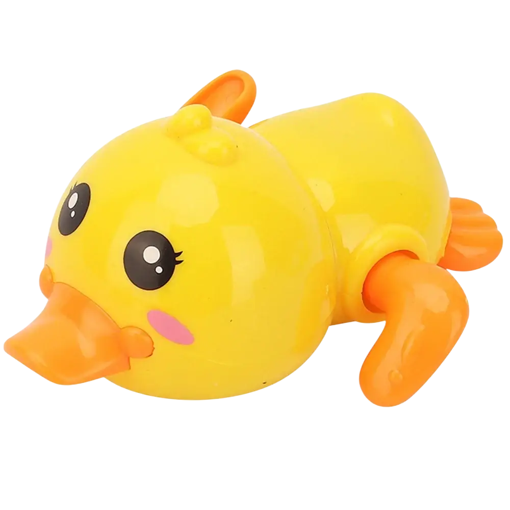 Clockwork duck bath toy for toddlers made of bright yellow plastic with orange beak and feet for water play