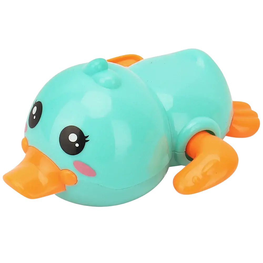 Clockwork duck bath toy for toddlers made of turquoise plastic with orange beak and feet for water play
