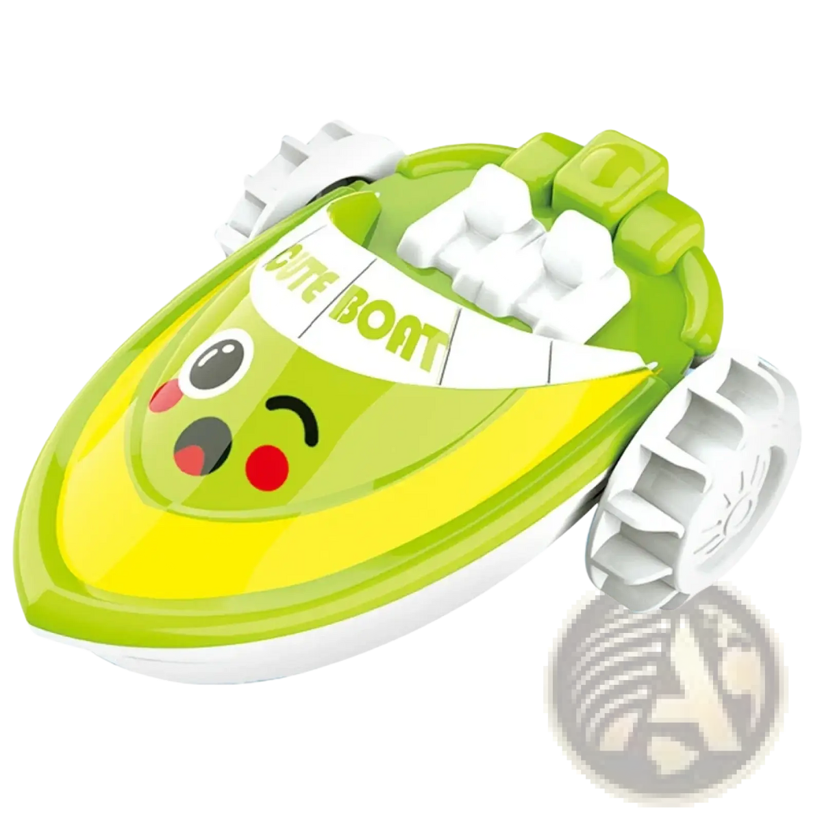 Clockwork duck bright green and yellow plastic toy boat with white wheels and cute cartoon face for toddlers bath play