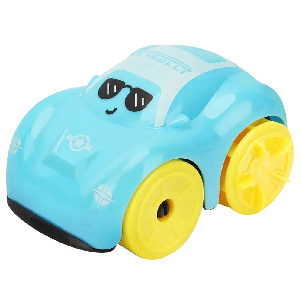 Light blue plastic clockwork duck bath toy with yellow wheels and black sunglasses for toddlers water play