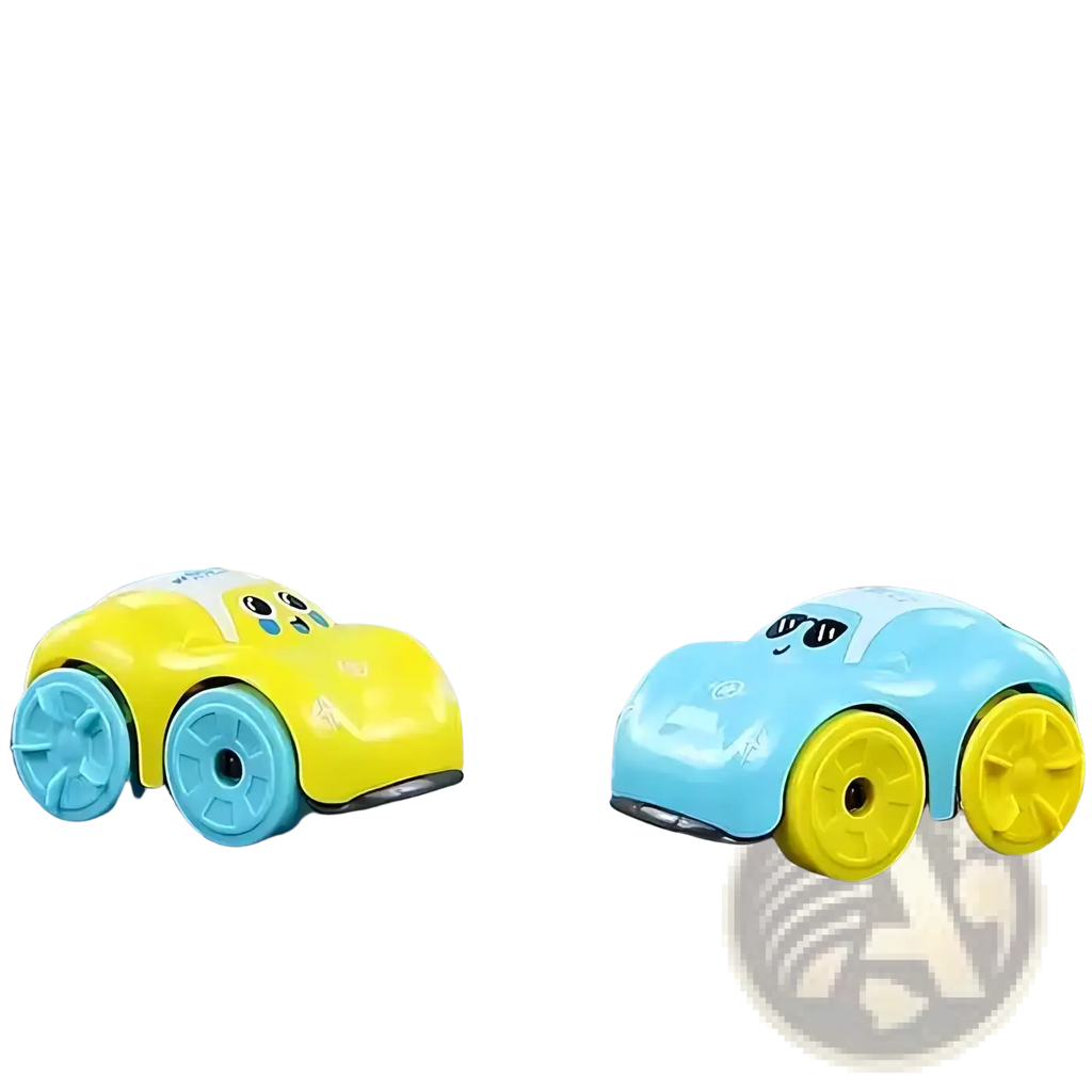 Clockwork duck bath toy with two colorful plastic toy cars one yellow with blue wheels and one light blue with yellow wheels