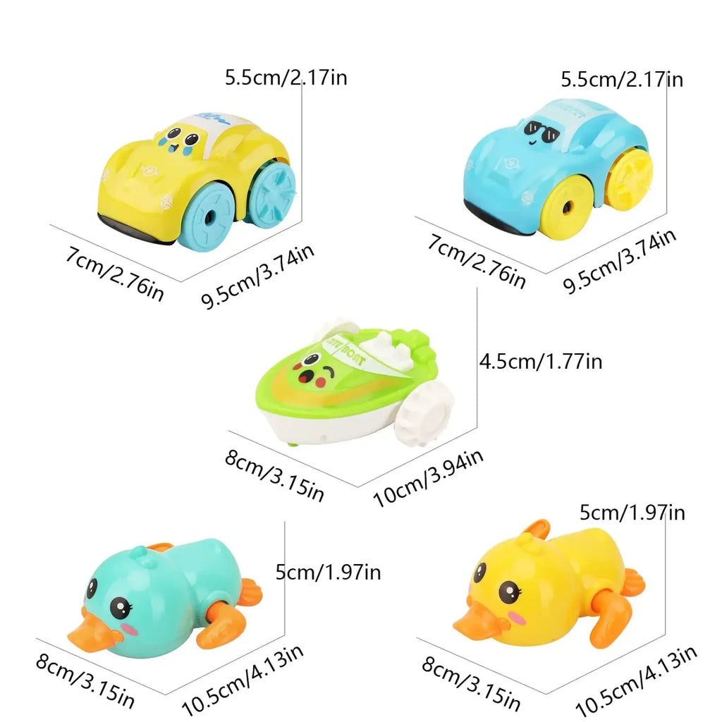 Yellow and blue plastic clockwork duck bath toy cars with cartoon faces for toddlers water playing vehicle