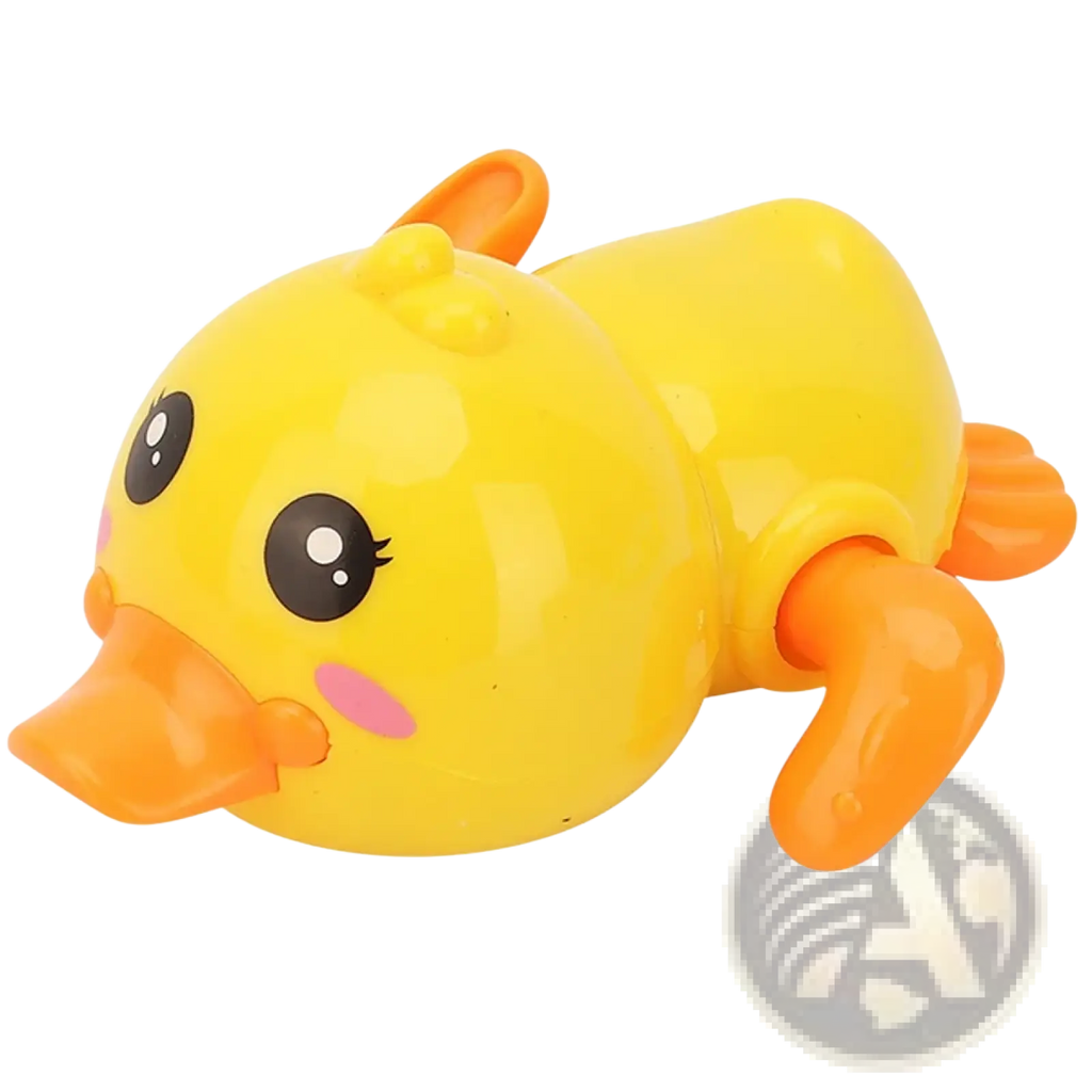 Clockwork duck bath toy for toddlers made of bright yellow plastic with orange beak and feet for water play