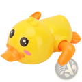 Clockwork duck bath toy for toddlers made of bright yellow plastic with orange beak and feet for water play