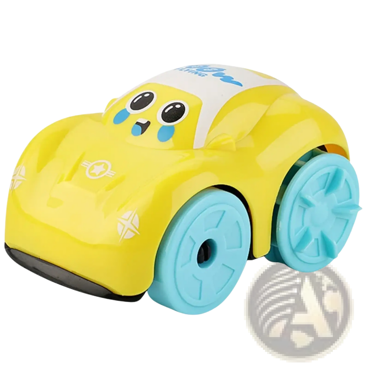 Yellow plastic clockwork duck bath toy for toddlers with blue wheels and cute face with black eyes and blue teardrops