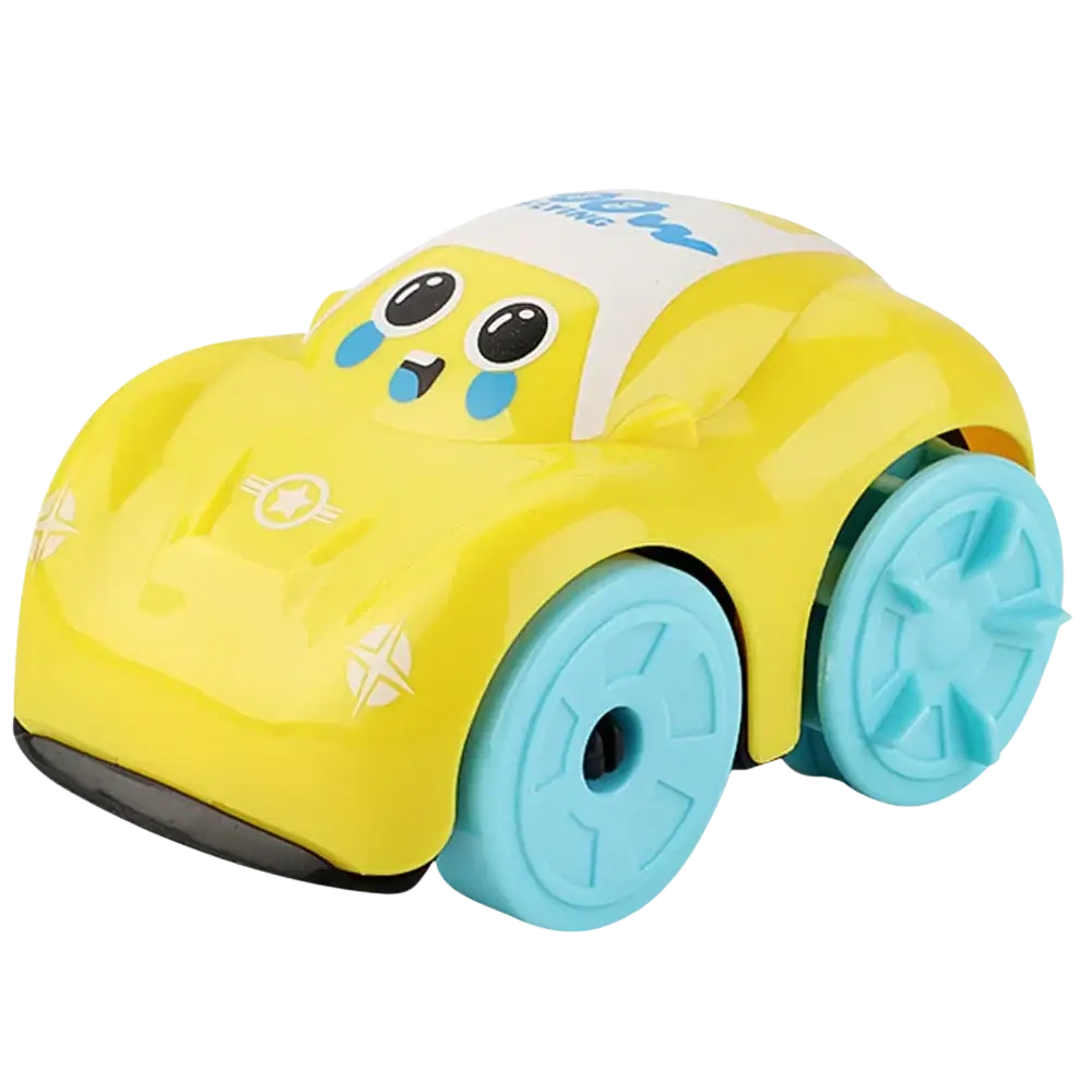 Yellow plastic clockwork duck bath toy for toddlers with blue wheels and cute face with black eyes and blue teardrops
