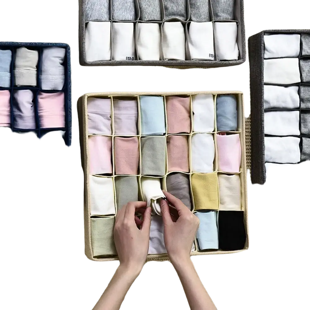Beige fabric closet drawer organizer box with compartments neatly holding pastel and neutral socks for underwear and socks storage