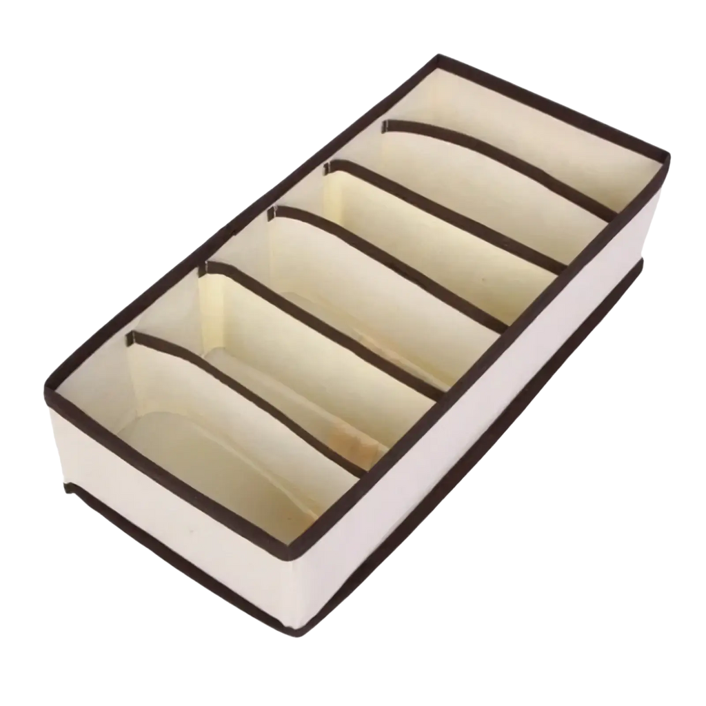 Beige fabric closet drawer organizer with dark brown trim and five compartments for underwear and socks storage