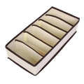 Beige fabric closet drawer organizer with dark brown trim and five compartments for underwear and socks storage