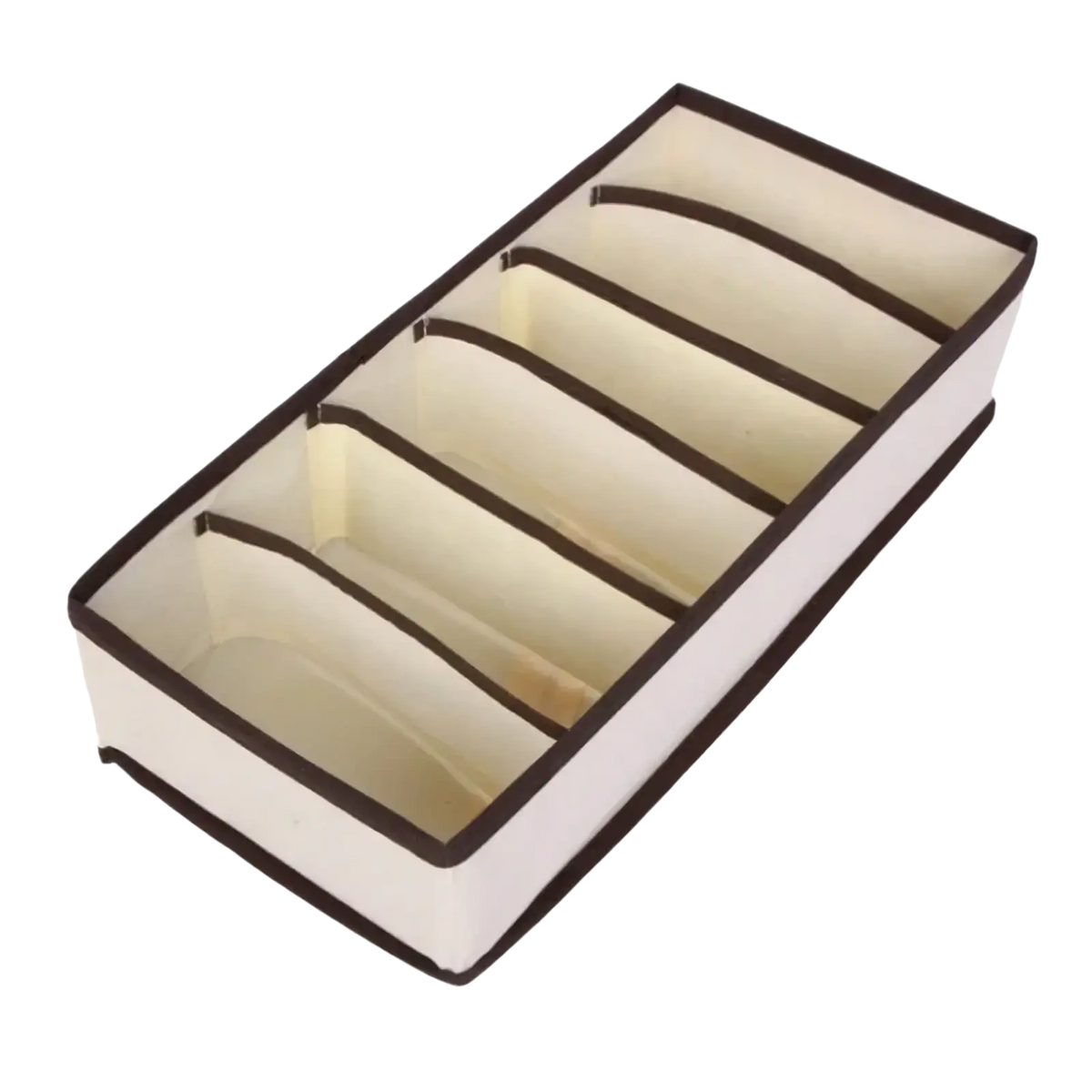 Beige fabric closet drawer organizer with dark brown trim and five compartments for underwear and socks storage
