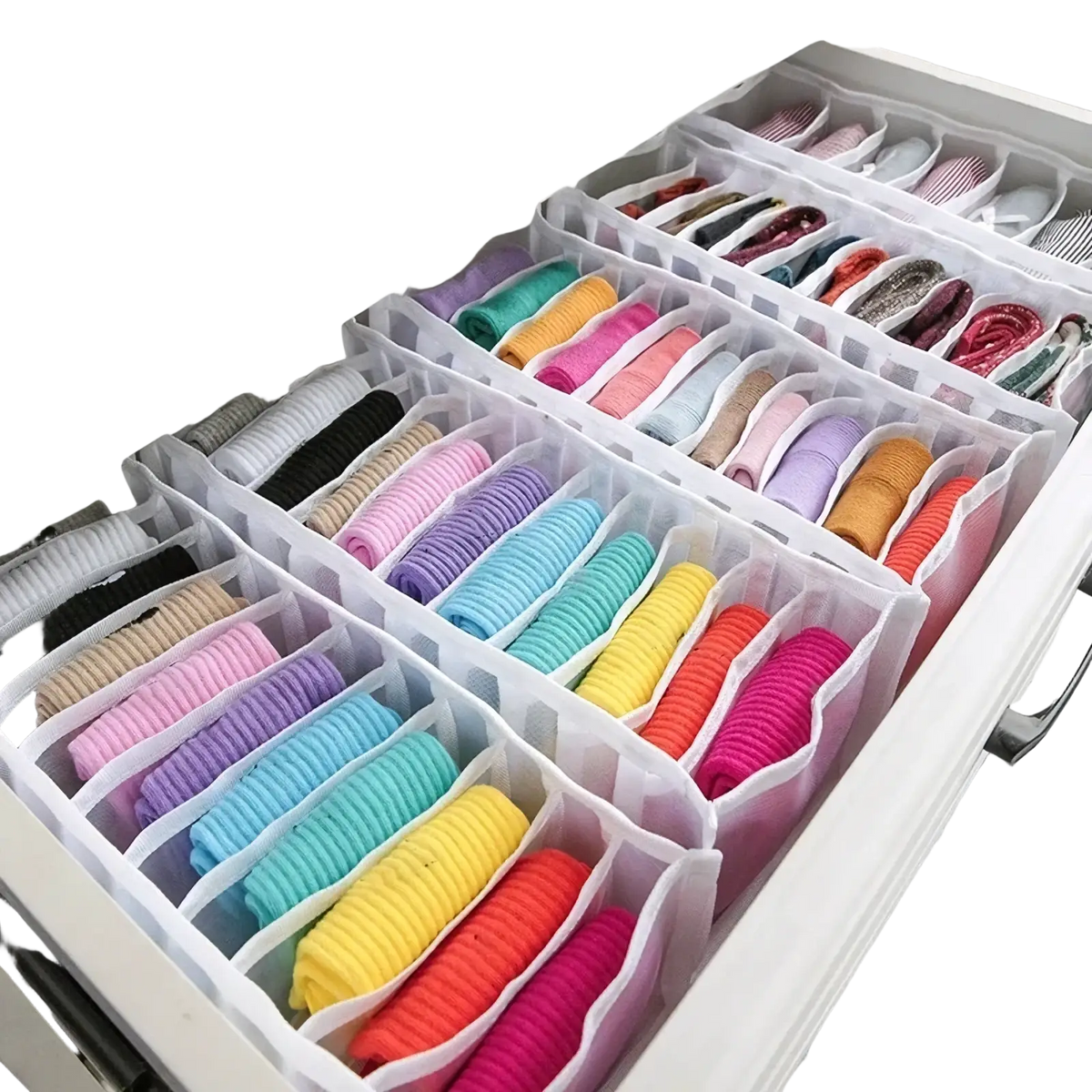 Colorful ribbed elastic hair ties organized in a white mesh closet drawer organizer for underwear and socks storage