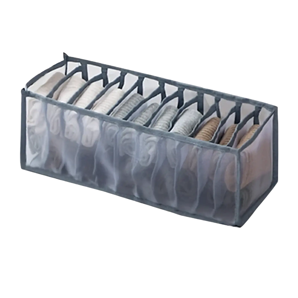 Gray mesh closet drawer organizer with ten transparent compartments holding neatly folded socks for underwear storage