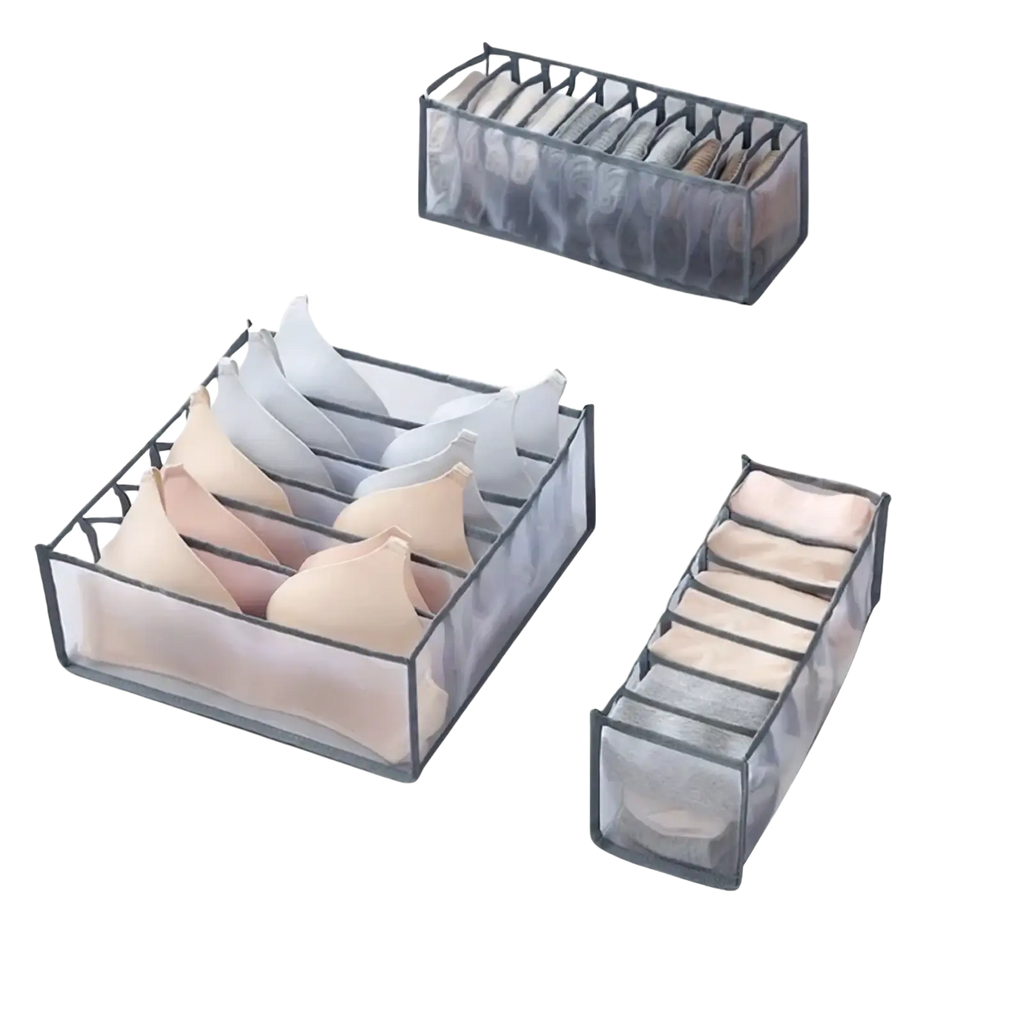 Transparent gray mesh bra organizer with divided compartments for storage in a closet drawer organizer for underwear and socks
