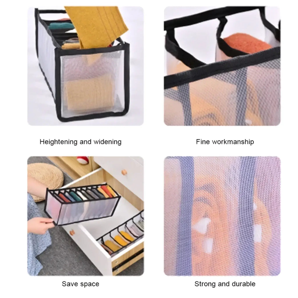 Closet drawer organizer made of transparent mesh with black trim and multiple compartments for storing socks and underwear