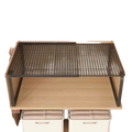 Black metal mesh closet shelf with wooden surface and adjustable height markings expandable cabinet organizer