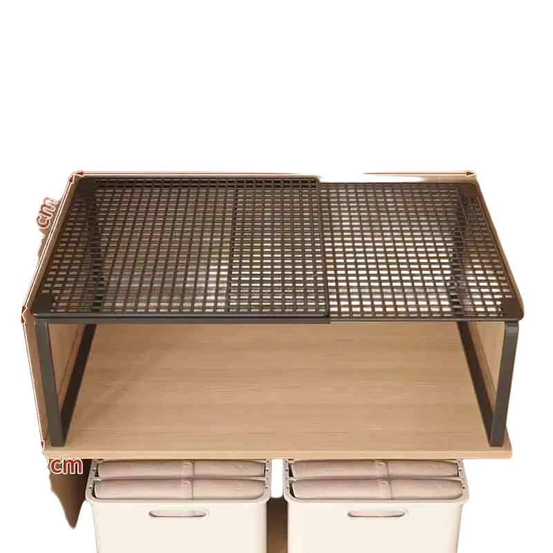 Black metal mesh closet shelf with wooden surface and adjustable height markings expandable cabinet organizer