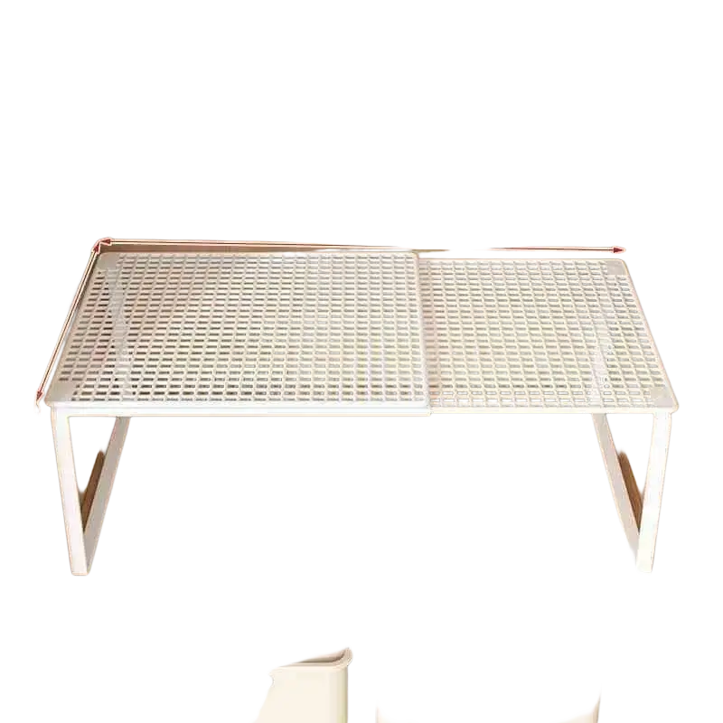 White plastic expandable cabinet shelf with grid pattern and adjustable height for closet shelf organization