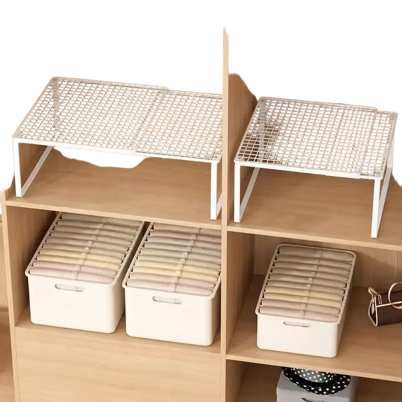 White metal mesh closet shelf with grid pattern and slender legs expandable cabinet organizer for storage