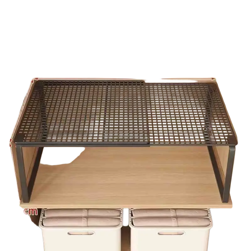 Black metal mesh closet shelf with wooden top surface expandable cabinet organizer for wire storage rack