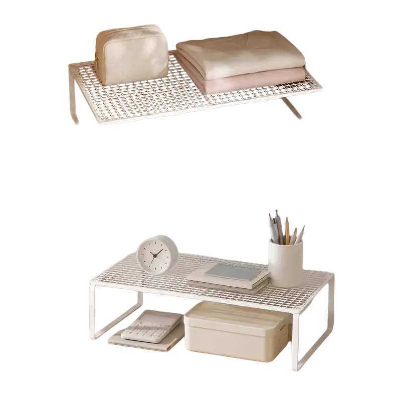 White metal grid closet shelf with expandable cabinet design and sturdy frame for cabinet organizer use