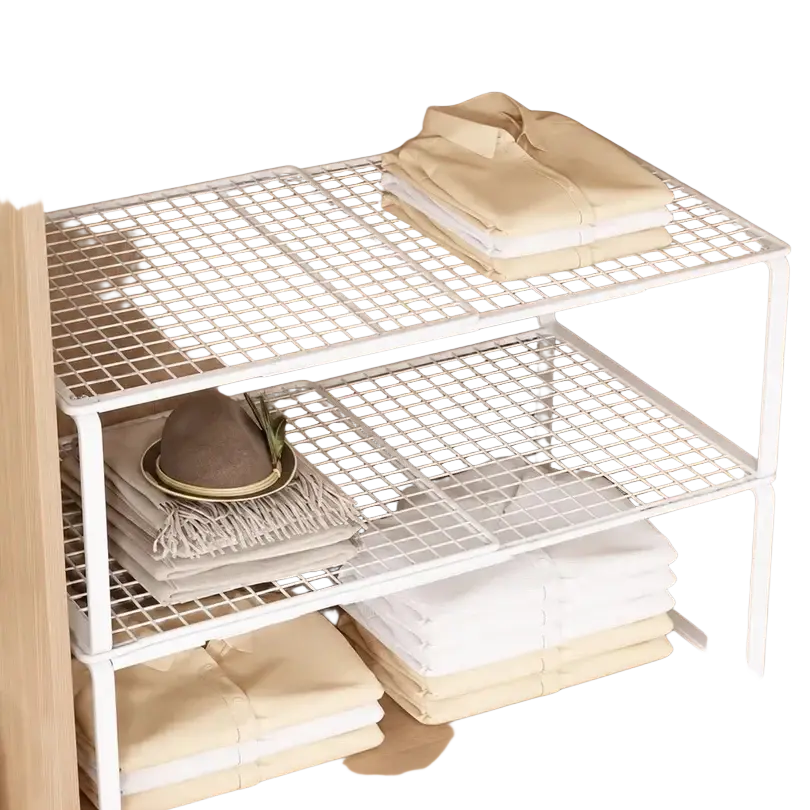 White wire mesh closet shelf with three tiers expandable cabinet organizer for metal wire storage and organization