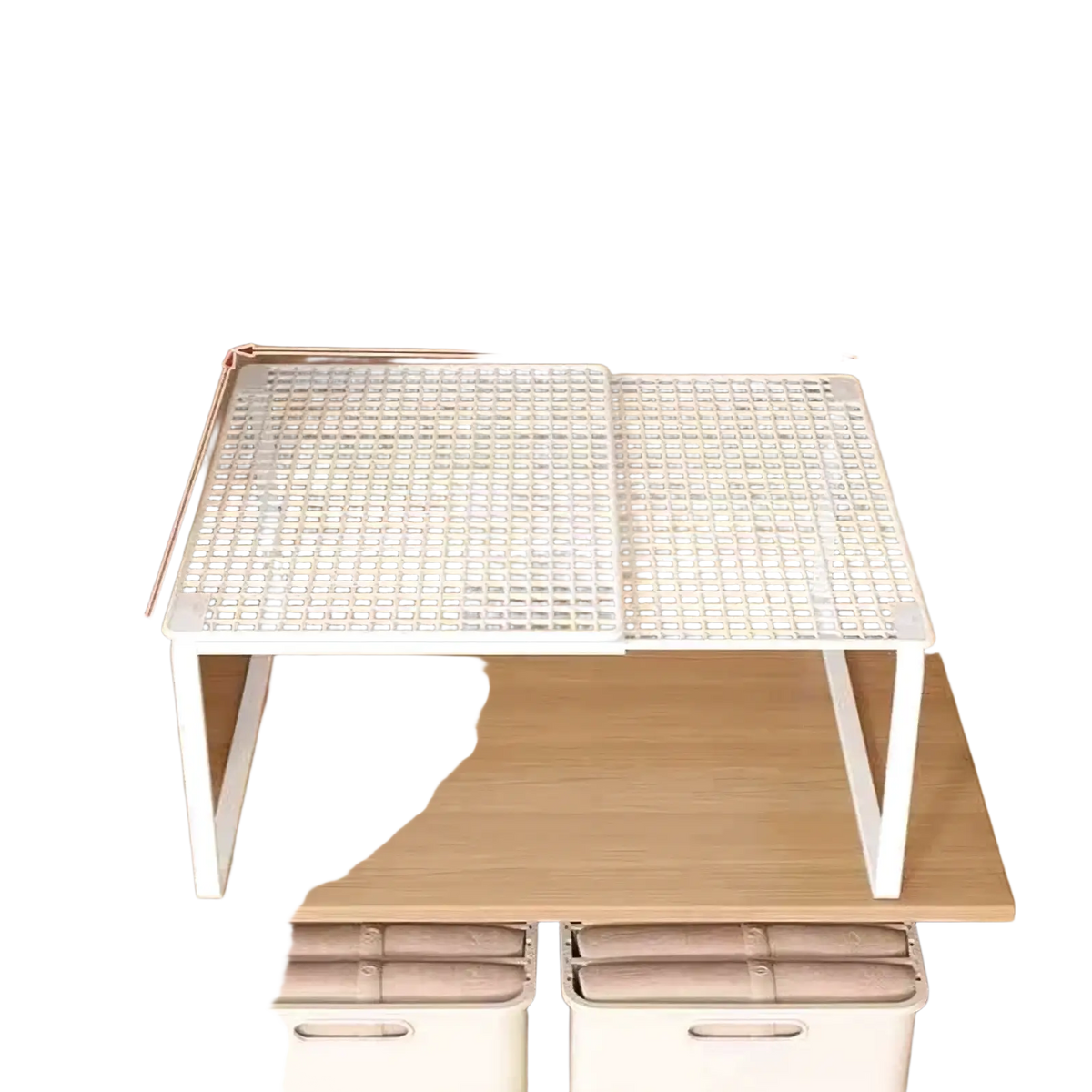 White plastic foldable closet shelf with grid pattern for expandable cabinet organizer and metal wire storage rack
