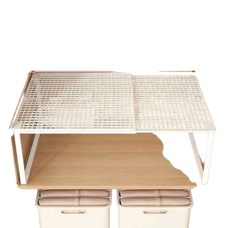 White expandable cabinet organizer metal wire closet shelf with grid top and slender legs for wardrobe storage