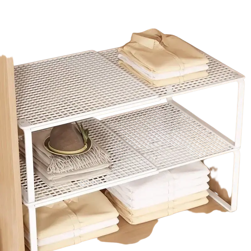 White metal mesh expandable cabinet organizer with grid pattern for versatile closet shelf storage and organization