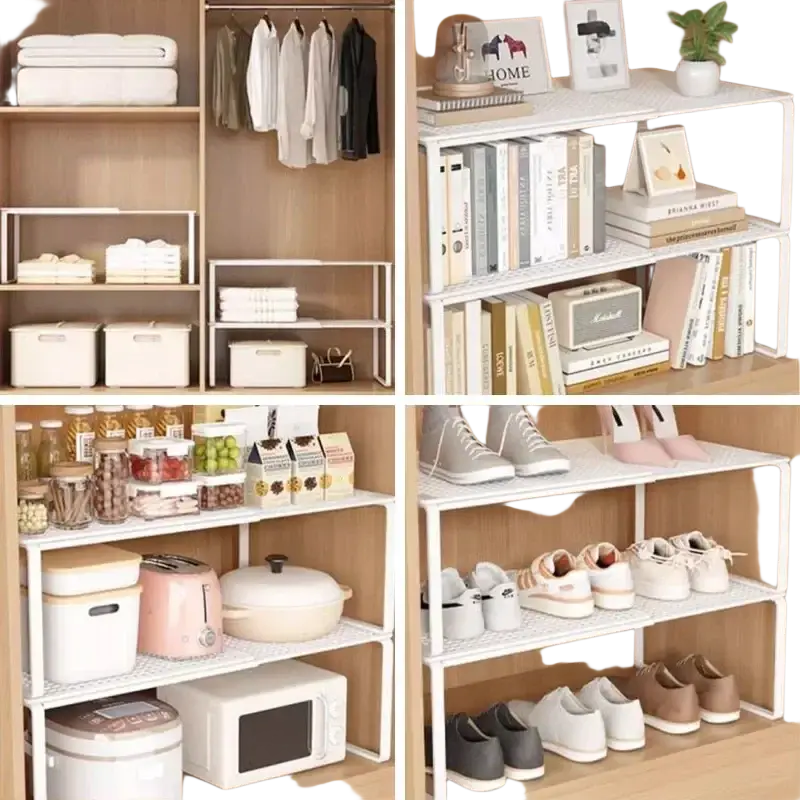 White metal expandable cabinet organizer with grid-patterned surface for closet shelf storage and organization