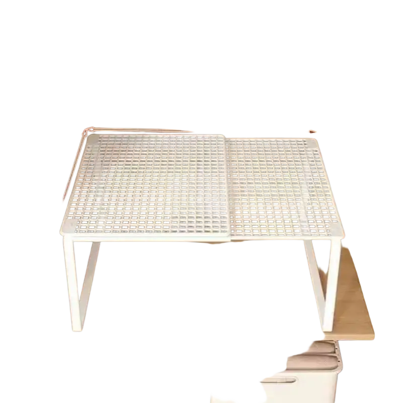 White plastic closet shelf with grid pattern and foldable design for expandable cabinet organizer use