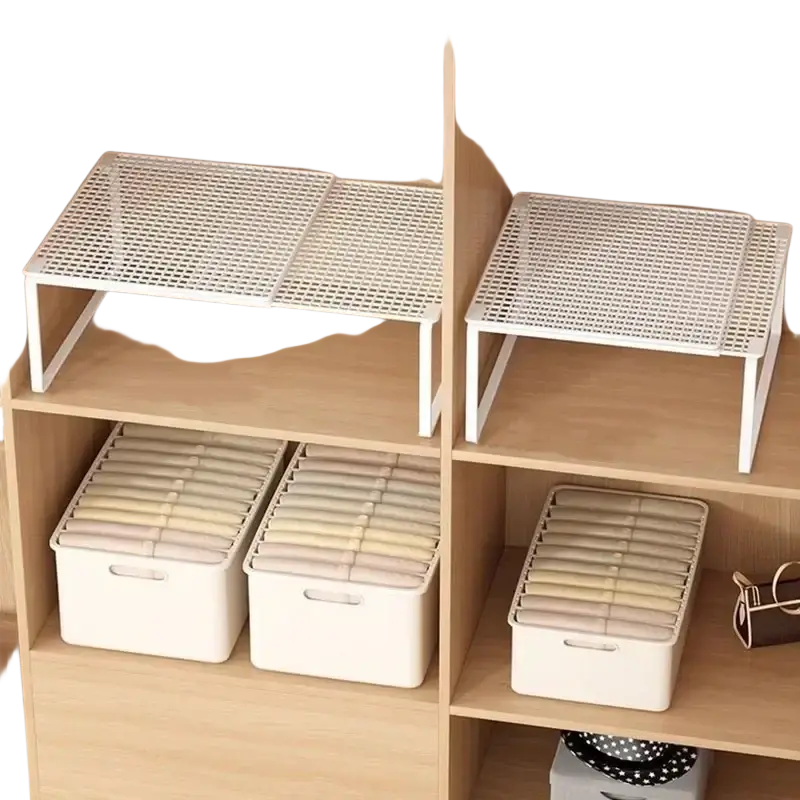 White plastic closet shelf expandable cabinet organizer with matching slatted shelf storage bins for cabinet use