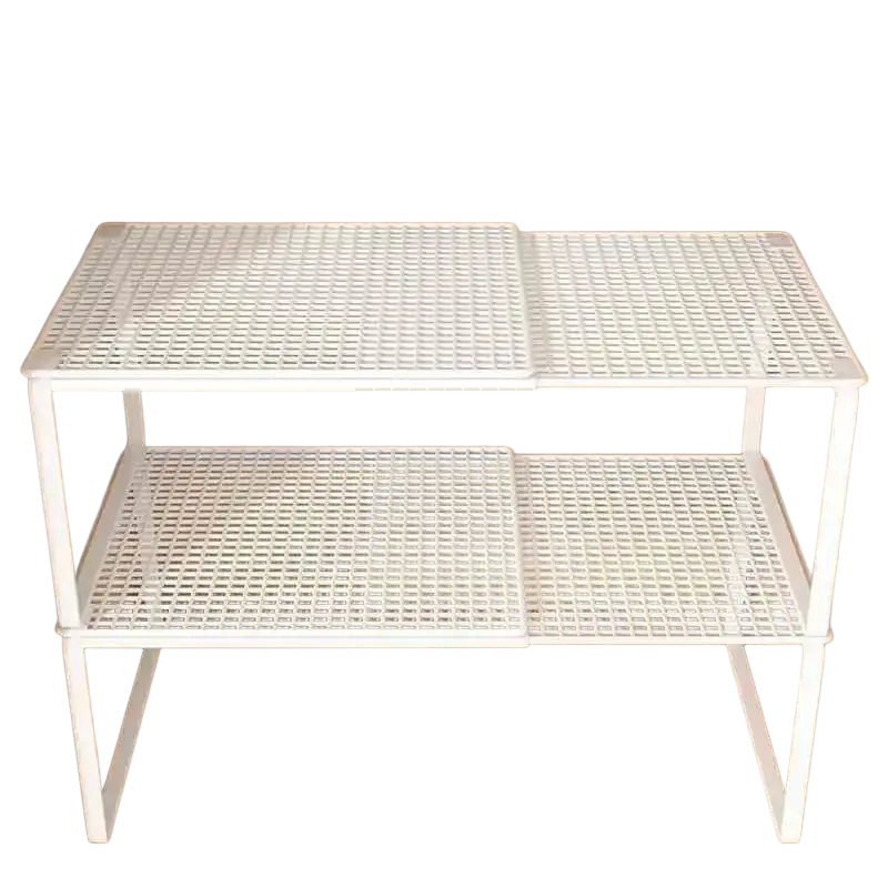 White plastic two-tier closet shelf with grid pattern expandable cabinet organizer for efficient storage