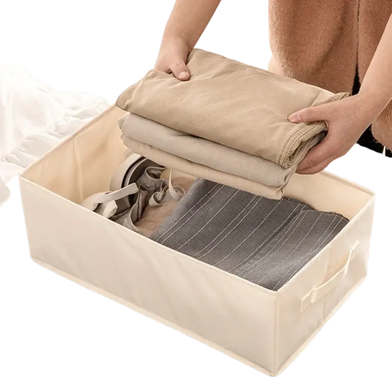 Beige fabric clothes storage box with handles designed for wardrobe and jeans storage purposes