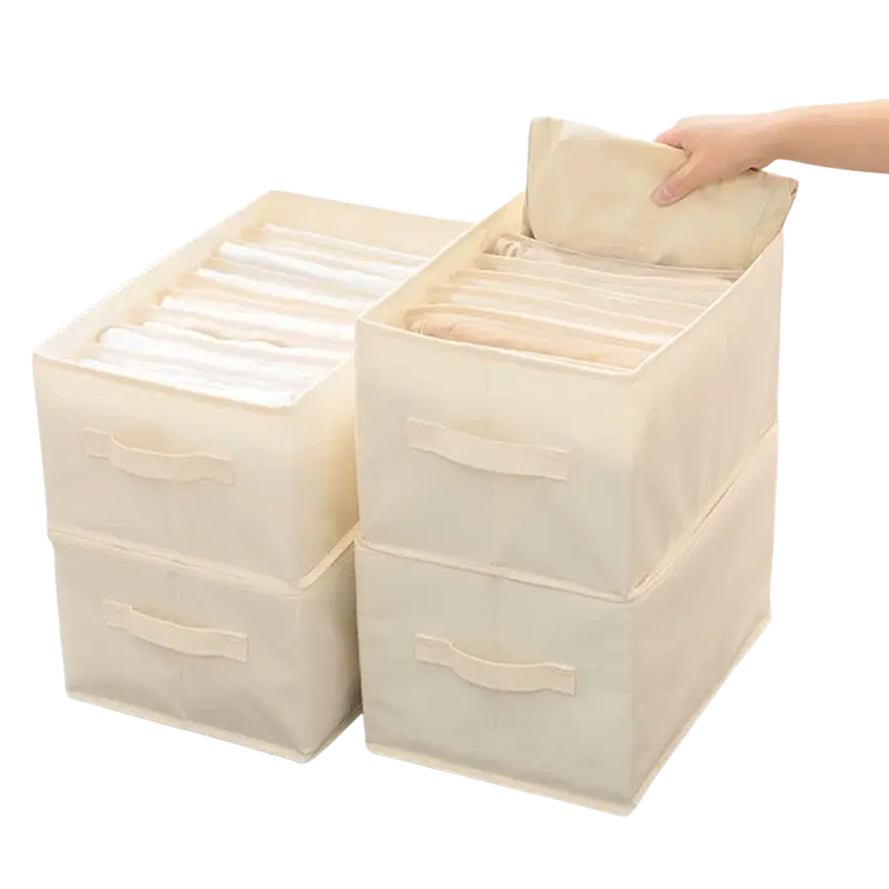 Beige fabric clothes storage box with built-in dividers and handles for wardrobe and jeans organization