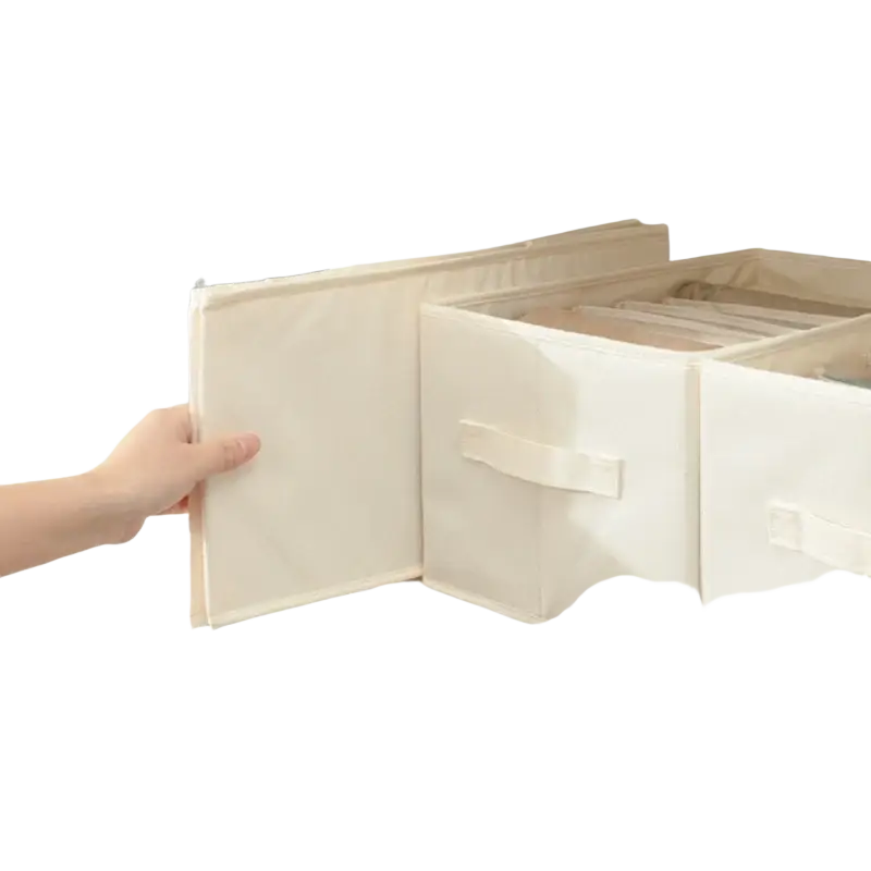 Beige fabric clothes storage box with flap lid and integrated handles ideal for wardrobe and jeans storage