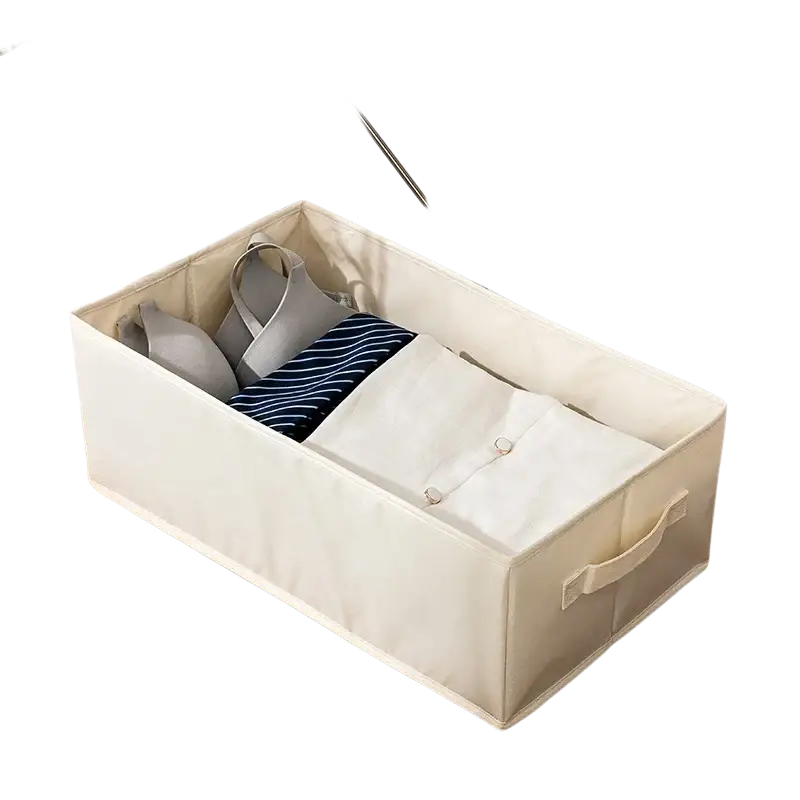 Cream-colored fabric clothes storage box with handles and rectangular design for wardrobe and jeans storage