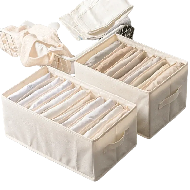 Cream-colored fabric clothes storage box with built-in dividers for neatly organizing folded clothes and jeans