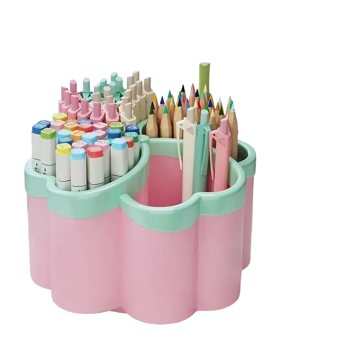 Cloud desk organizer light pink and mint green plastic flower shaped stationery holder with four compartments holding markers and pens