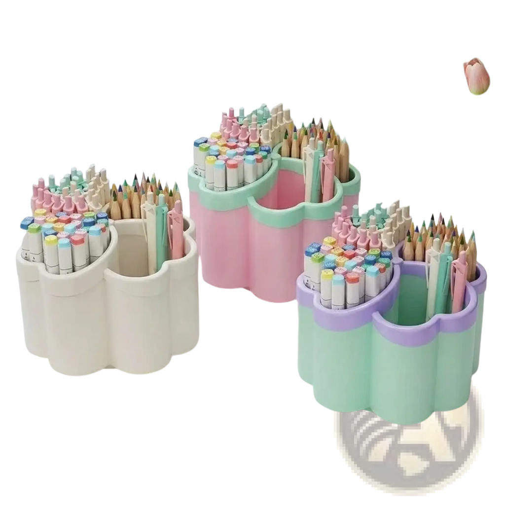 Cloud desk organizer 4 compartment stationery holder in white pink and mint green pastel flower-shaped plastic with scalloped edges