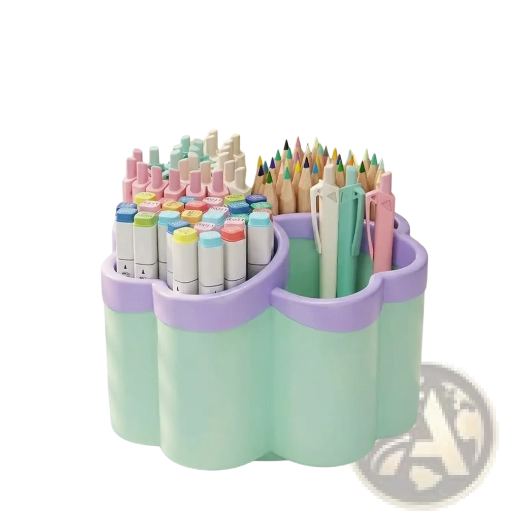 Pastel green and lavender flower-shaped plastic cloud desk organizer with four compartments holding colorful stationery