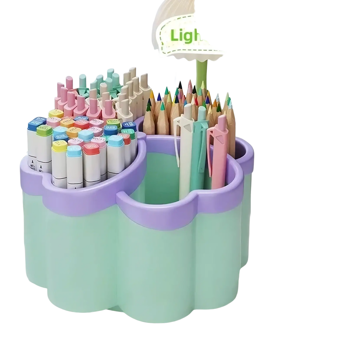 Pastel green and lavender plastic cloud desk organizer with scalloped edges holding colorful markers and pens