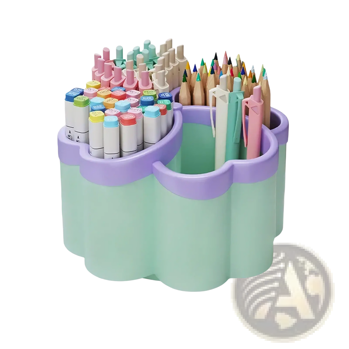 Pastel green and lavender cloud desk organizer made of plastic with four compartments holding colorful stationery items