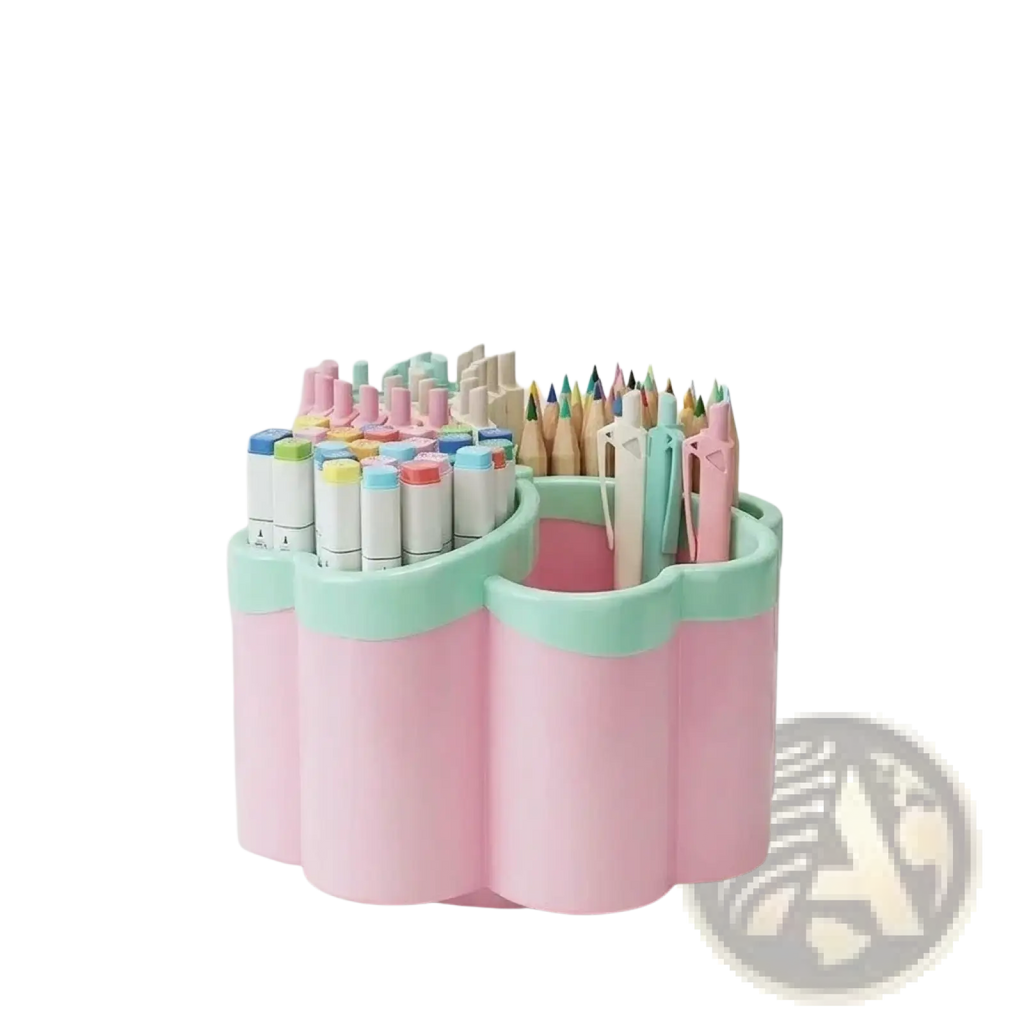 Pastel pink and mint green plastic cloud desk organizer with four compartments holding colorful markers and pencils
