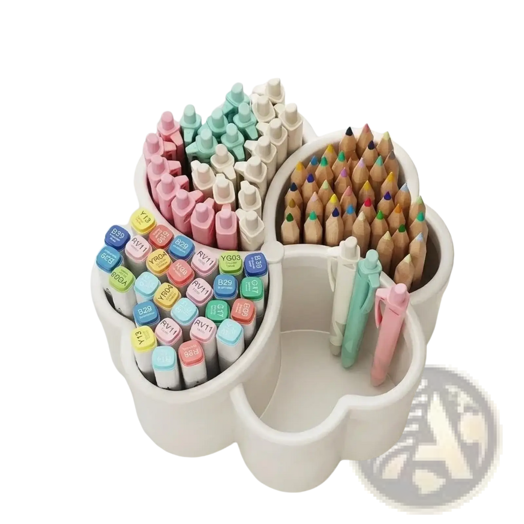 White cloud desk organizer with 4 compartments holding colorful markers pencils and pens for stationery storage