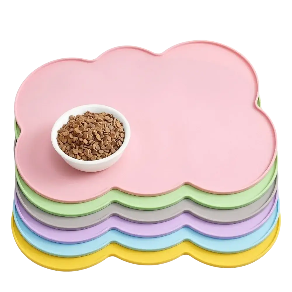 Stack of pastel-colored cloud-shaped silicone pet feeding mats for small and medium dogs and cats