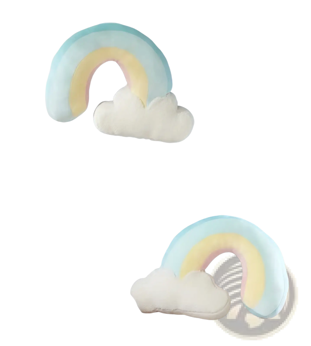 Pastel rainbow-shaped plush wall hanging decor with soft fluffy cloud base in pastel colors for nursery or kids room