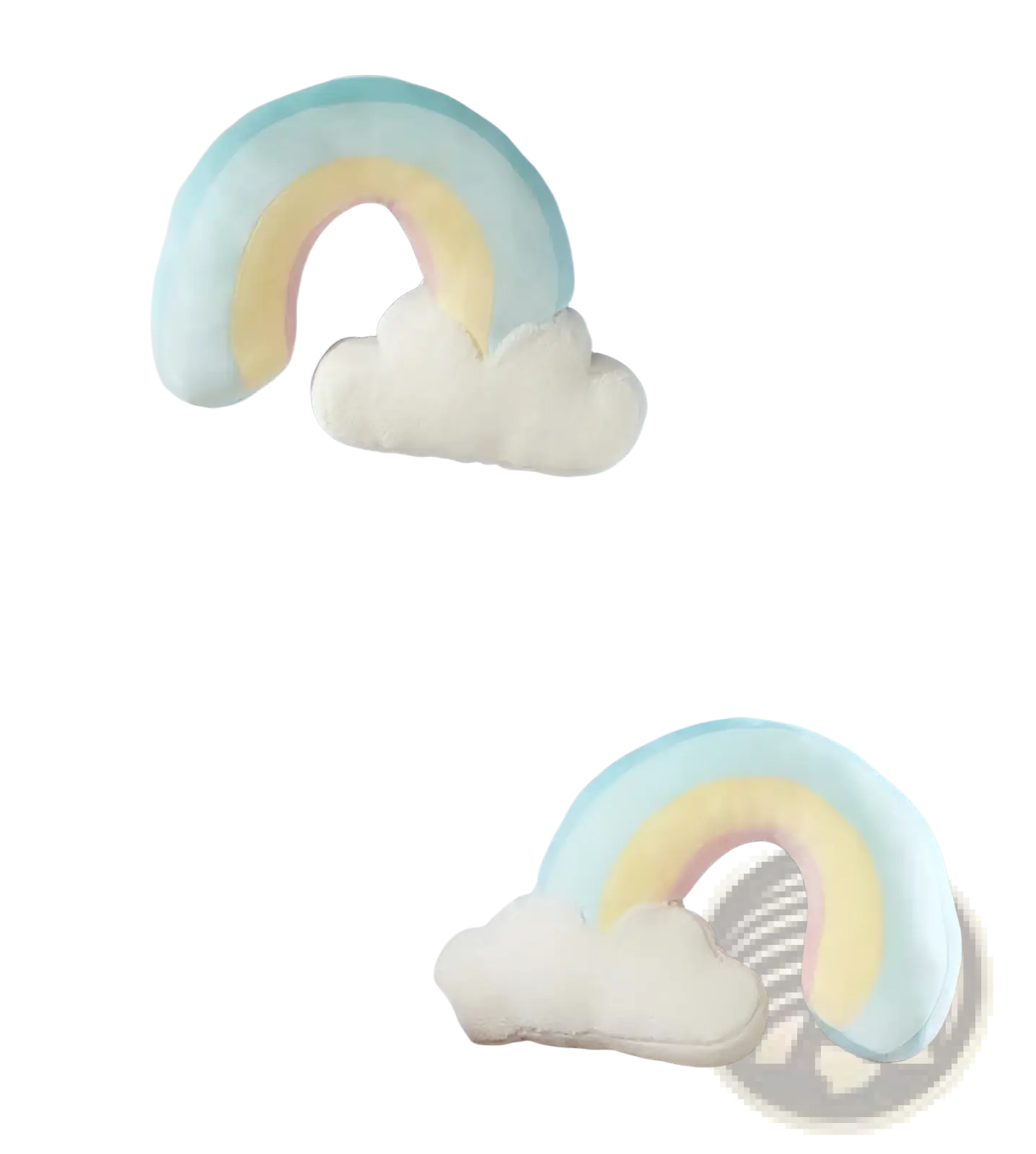Pastel rainbow-shaped plush wall hanging decor with soft fluffy cloud base in pastel colors for nursery or kids room